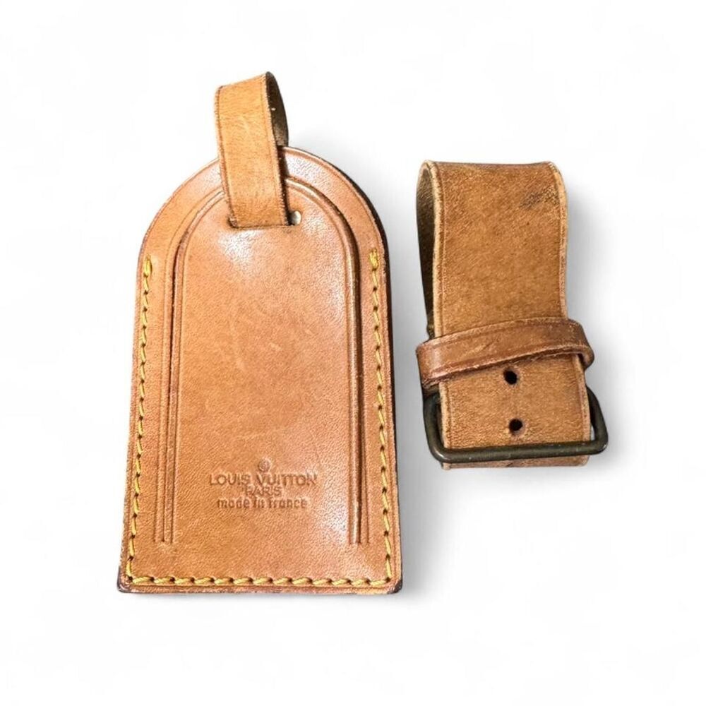 Louis Vuitton Vachetta Leather Luggage Tag & Strap Set Made in France Authentic